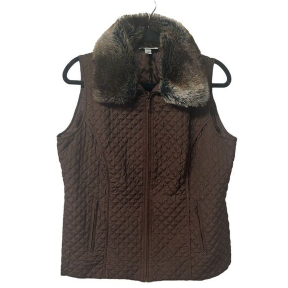 Dress Barn Brown Waterproof Quilted Light Vest Faux Fur Collar Zip Up Fall - Picture 1 of 6